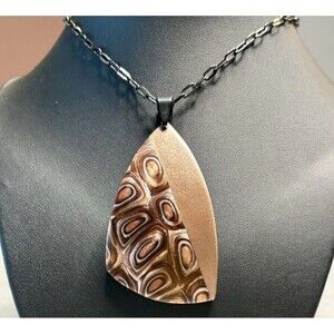 Handmade Copper & Bronze Polymer Clay Large Pendant Necklace on Black SS Chain